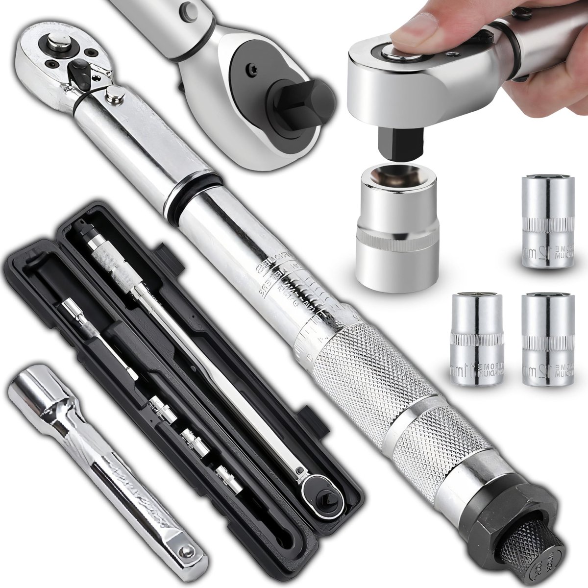 Dailygoods- Koppelmoersleutel 28-210 Nm - Torque Set - CrV Caps 17/19/21 mm - Verstelbare Handgreep - Robuuste Opbergtas - Nitrile Handschoenen - Koppelset