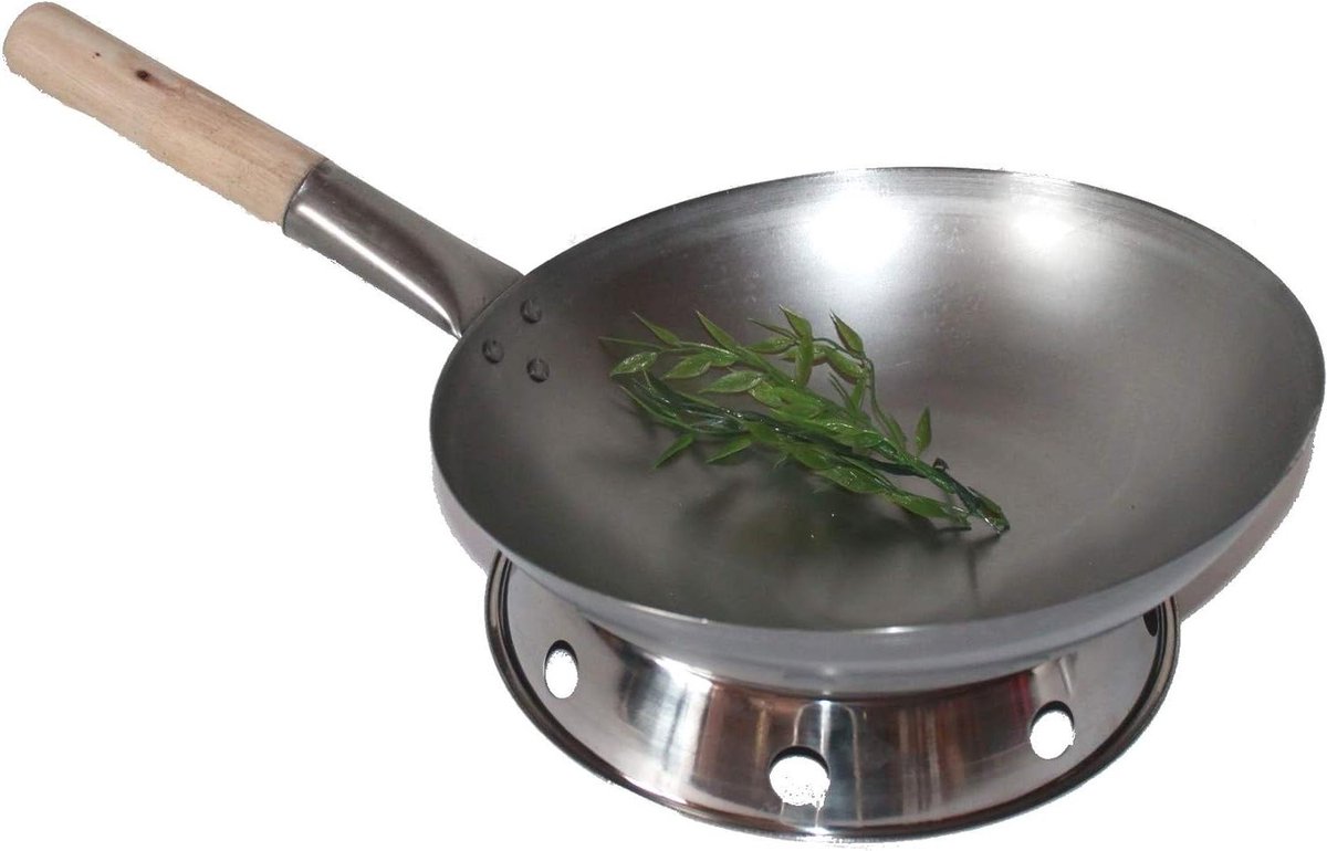 Wok Set - Wokpan met Ring - Aziatisch Koken - Ronde Bodem Stabiel - 35 cm Diameter - Zilver
