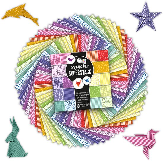 Craft Sensations Origami 180 pièces - Exemples de pliage inclus - Feuilles pliantes - 15x15cm - Hobby et création pour Enfants et Adultes - Grue pliante