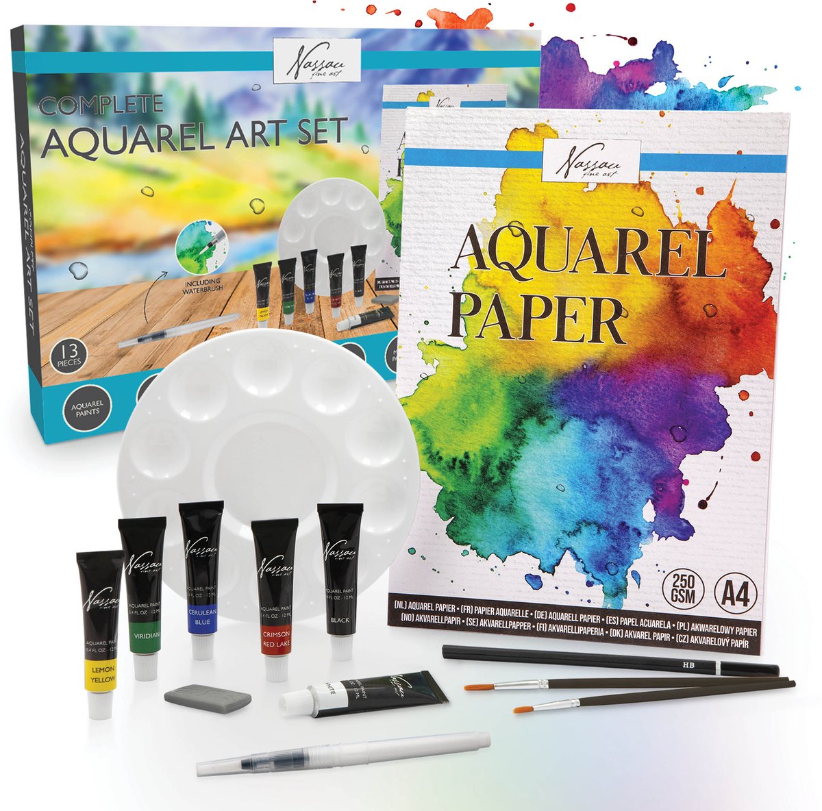 Aquarel Set 13pcs - Hobbyverf - Aquarelverf - Aquarelpapier Blok A4 - Aquarelverf Tubes - Aquarel Penselen - Hobbyverf - HB Potlood - Waterbrush - Schilderpalet — afbeelding 8