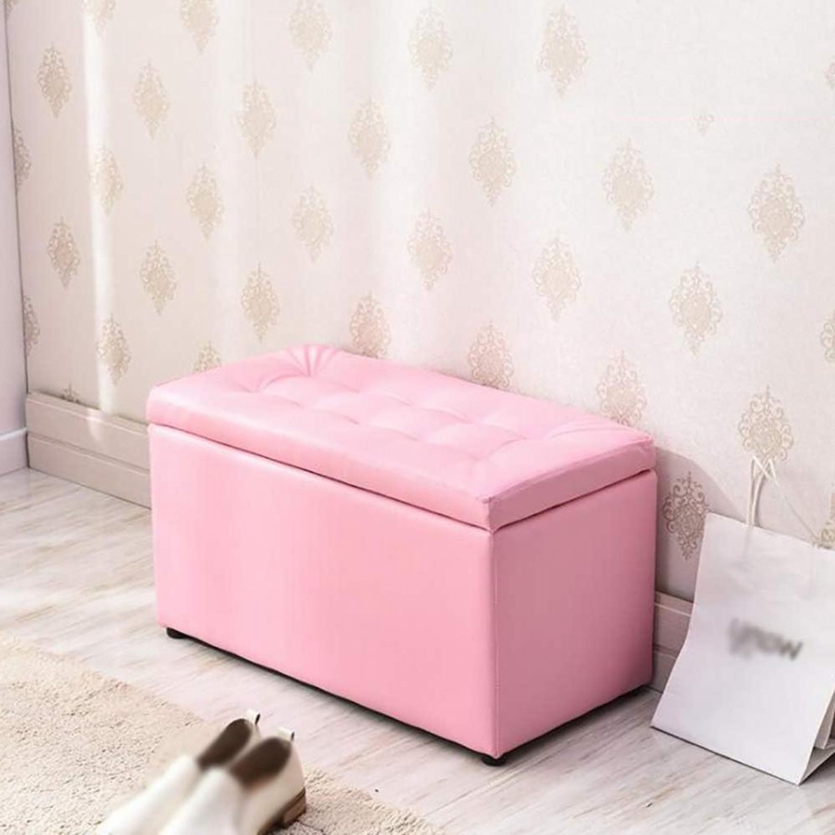 Opbergbank Ottoman - Voetenbank Kruk - Woonkamer Organiseren - Waterdicht Kunstleer - 60x30x35 cm - Roze