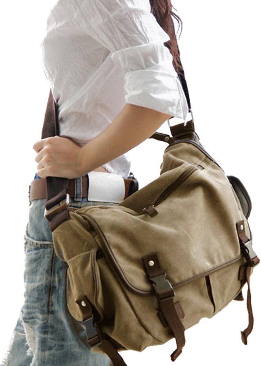 Canvas Messenger Tas - Schoudertas Laptop Tas - School Werk - Vintage Stijl - 40 x 32 cm - Beige