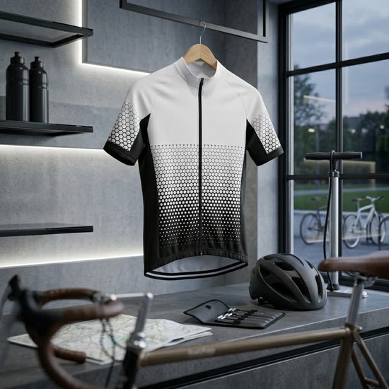 Wit zwart sport wielren shirt heren korte mouw fiets jersey met rits ademend sneldrogend vochtafvoerend stretch MTB fietsshirt wielrennen racefiets maat XL — afbeelding 5