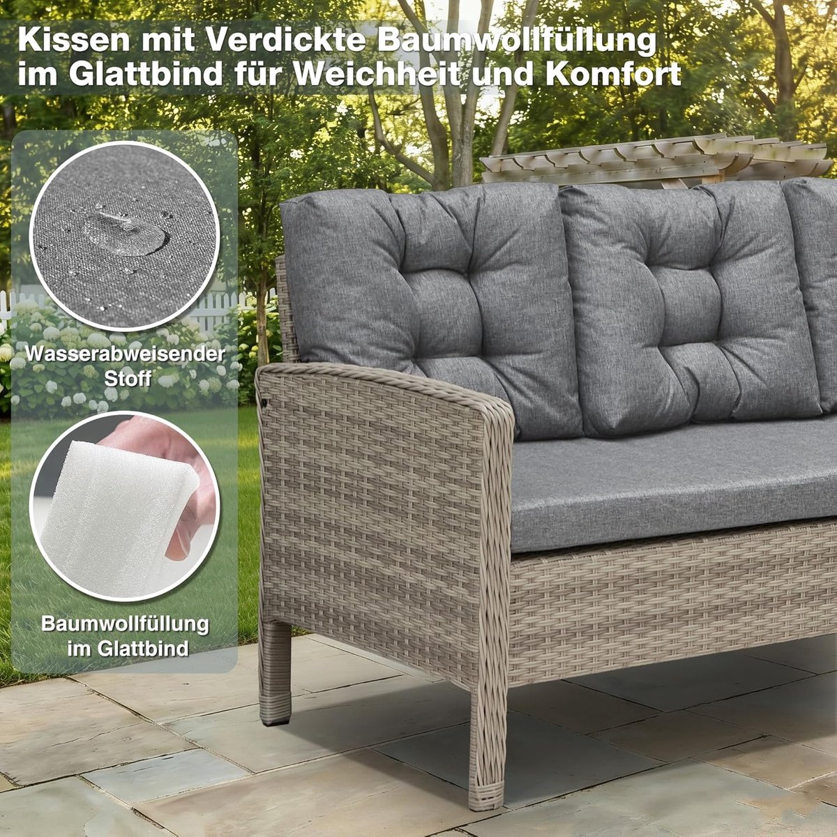 Tuinmeubelset 5 Personen Rotan Lounge Dining Set met Eettafel & Kussens Weerbestendig Grijs voor Tuin Balkon Terras – Mobili Bella