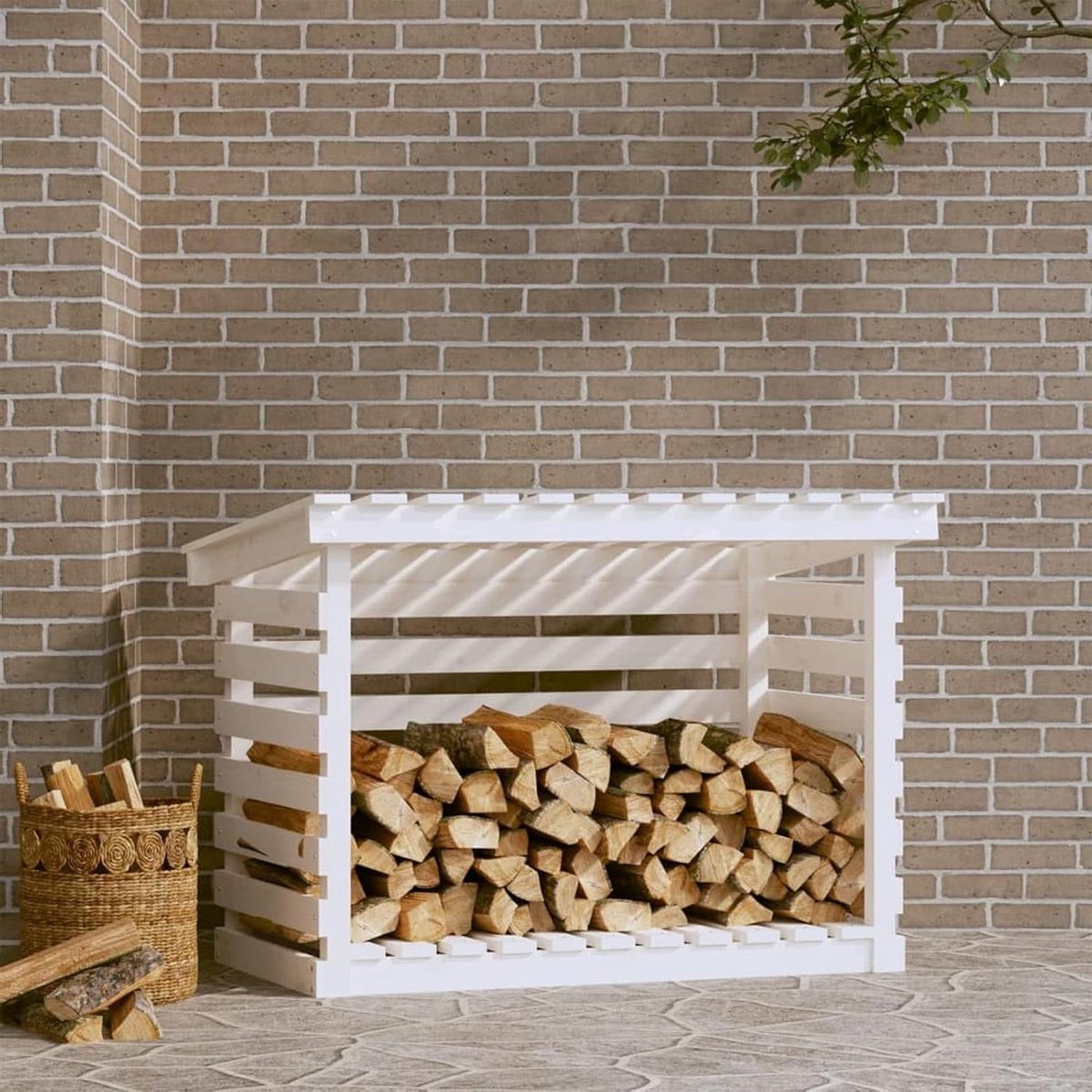 Brandhoutrek - Houthouder Stapelaar - Brandhout Opslaan - Houdt Hout Droog - 108 x 73 x 79 cm - Wit