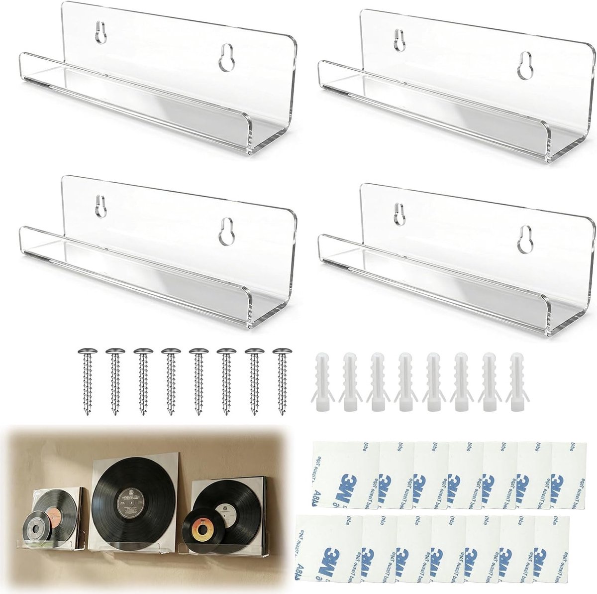Set van 4 Vinyl Platen Wandbeugels, Duidelijke Acryl Wandmontage voor Vinyl, Wanddecoratie en CD Display in Slaapkamer, Inclusief Montageaccessoires