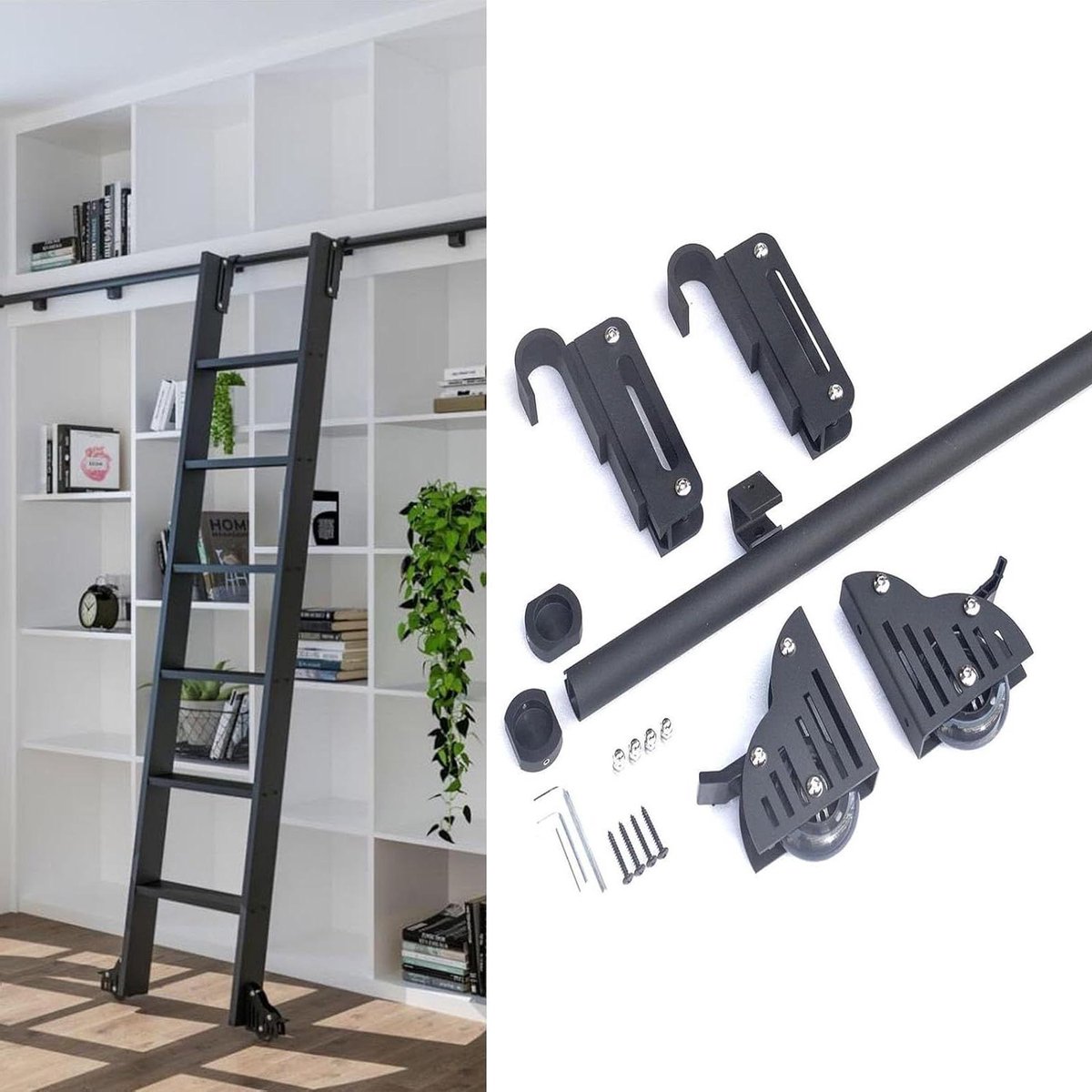 Bibliotheek Ladder Kit - Roller Systeem - Hoge Planken Bereiken - Verstelbare Montage - 122 cm - Zwart