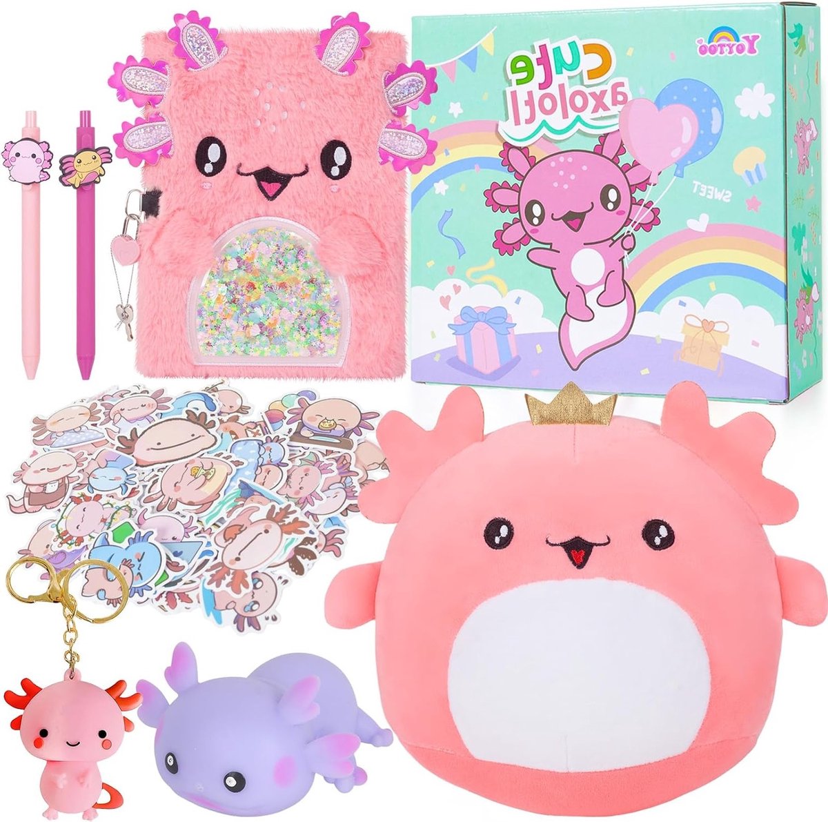 SnelShoppen - Axolotl Cadeauset voor Meisjes, Knuffel Axolotl met Dagboek, Balpen, Stickers, Verjaardagscadeau voor Kinderen 5-12 Jaar