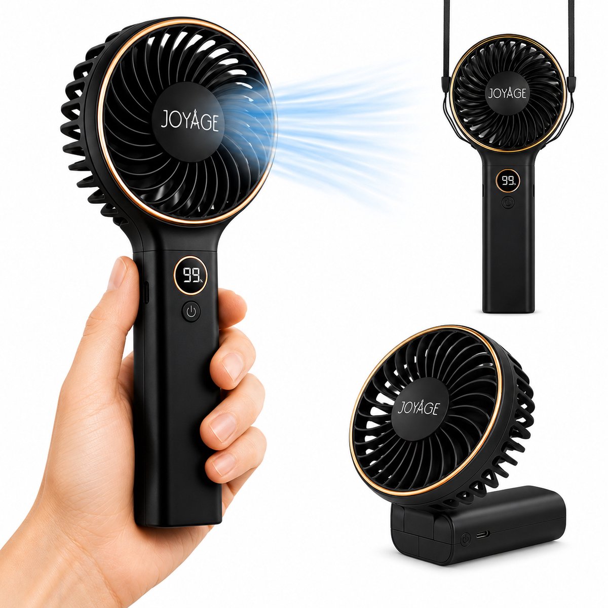Joyage Handventilator Oplaadbaar - Zwart - 6 standen - Powerbank - Kleine Ventilator usb c - Mini fan Gezichtsventilator - Portable fan Mini ventilator - Nekventilator Halsventilator - Tafelventilator Waaier Handwaaier - Draagbare ventilator bureau