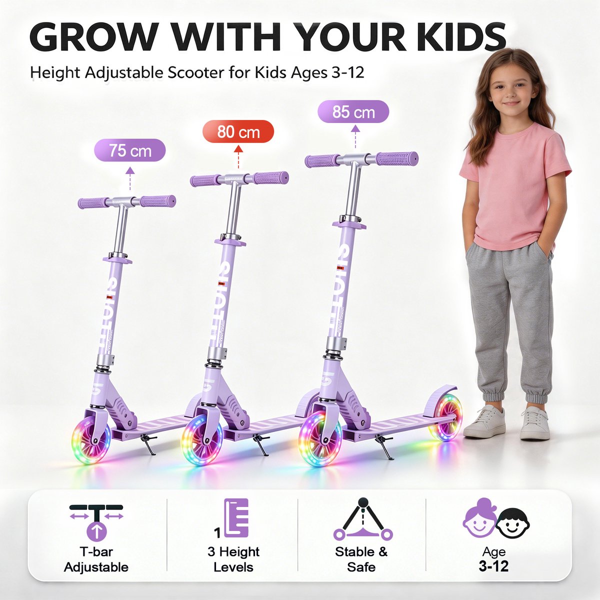Suotu Kinderstep - 145mm Lichtgevende Wielen - Step - Speelgoed Jongens/Meisjes - Max stuurhoogte: 85 cm - Aluminium - Paars — afbeelding 5
