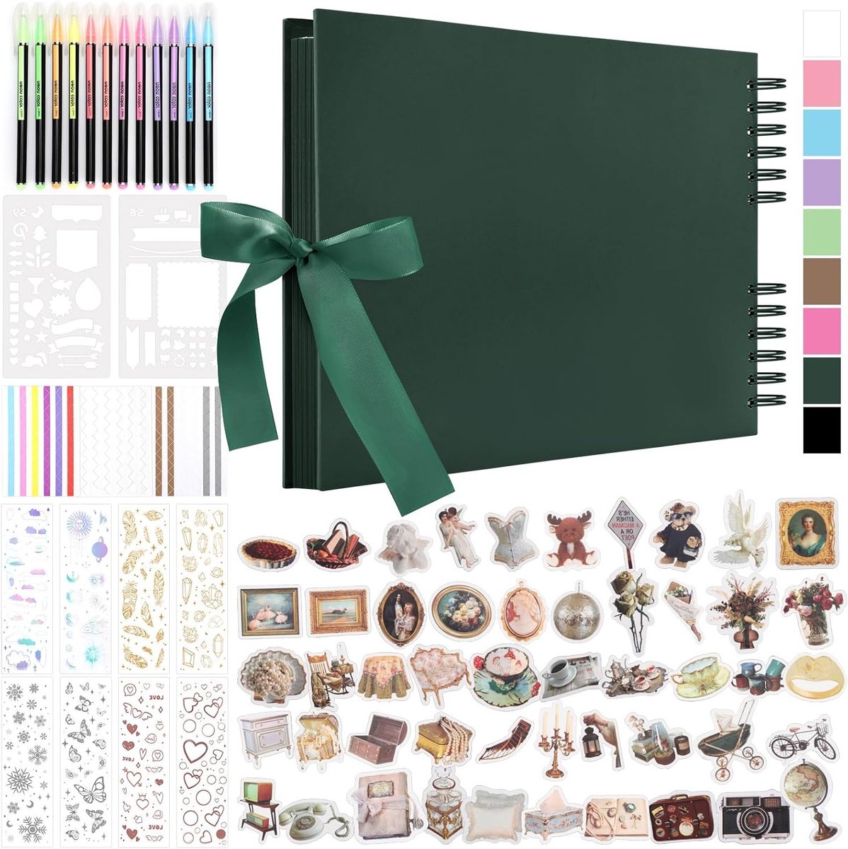 DIY Scrapbook Foto Album met 80 Pagina's, Hardcovers, 12 Markers en 7 Stickers voor Creatieve Scrapbooking en Handwerken, Donkergroen