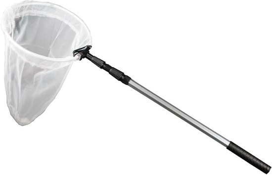 Wit vlindernet met uitschuifbare, zilverkleurige steel en zwarte grip, op witte achtergrond.