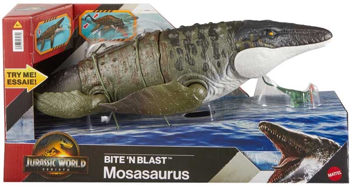 Jurassic World Rebirth Bijtende en Explosieve Mosasaurus, actiefiguur en mini-Dilophosaurus, dinosaurusspeelgoed met kaken die ver open kunnen, beweegbaar, ziet eruit als in de film — afbeelding 12