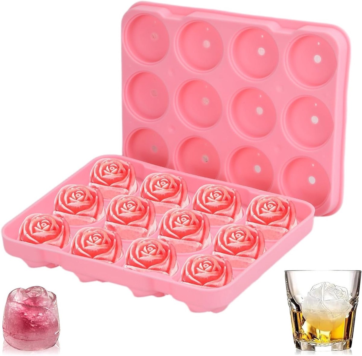 Rose ijsblokjesvorm - 12 holtes siliconen rozen ijsbalmaker - Siliconen mallen van voedingskwaliteit - Grote ijsblokjes gemakkelijk los te maken - Ideaal voor koude dranken en zelfgemaakte snacks - Geschikt voor cocktails