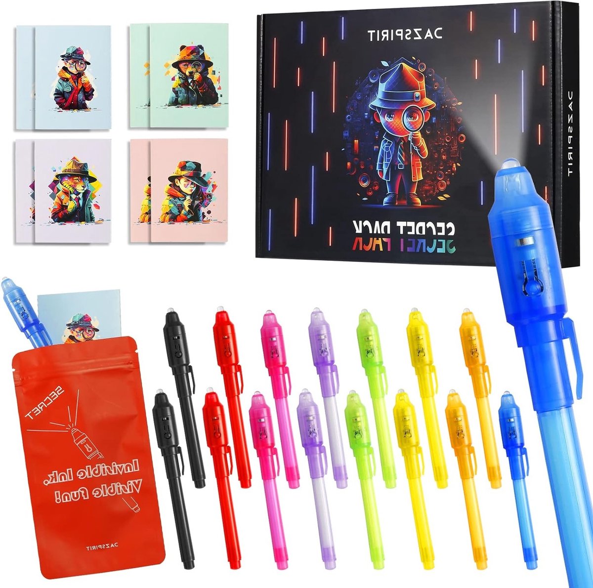 16-delige set met geheime pennen en notitieboekjes, detective-thema, UV-licht magische pennen, ideaal voor feestjes, cadeau-ideeën en spionageaccessoires voor jongens en meisjes