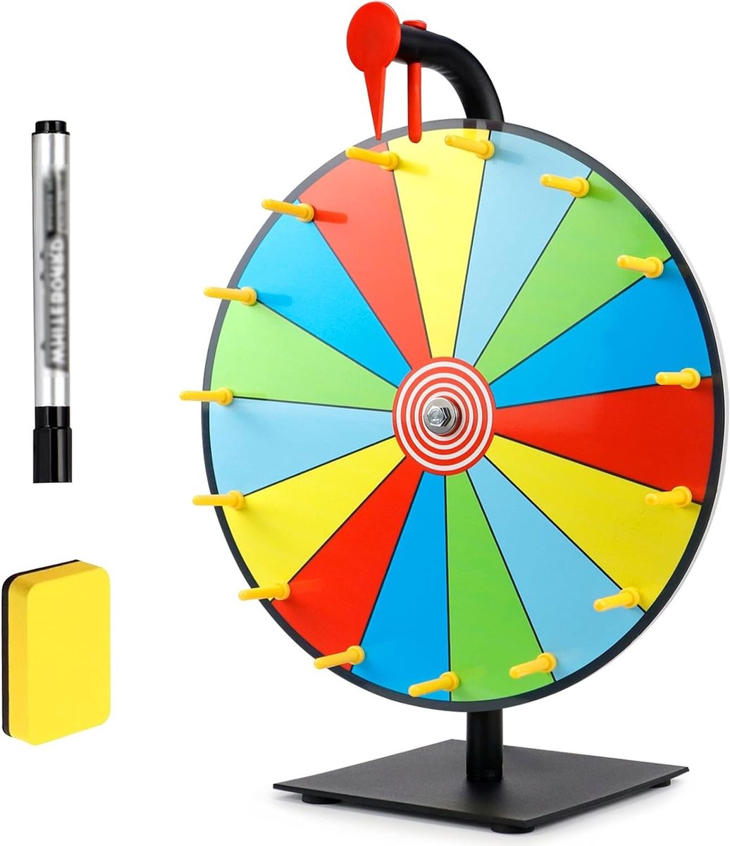 30 cm Geluksrad met 15 Slots - Draaiend Prijzenrad voor Carnaval, Beurzen en Salons met Drooguitwisbare Stiften