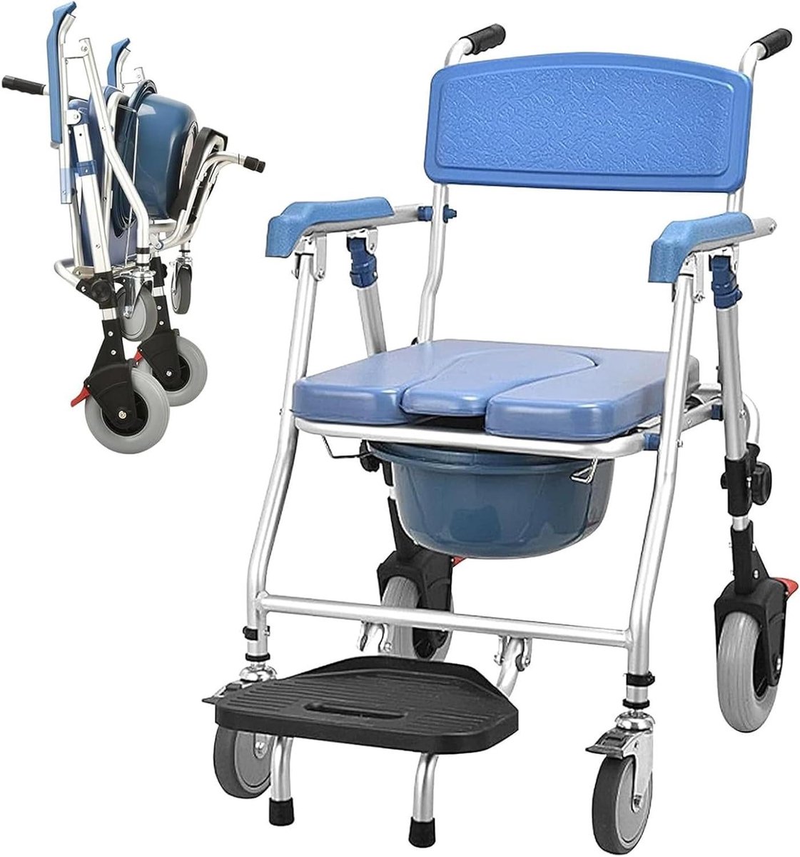 Verrijdbare toiletstoel - Douchestoel met wielen - Thuiszorg - 4-in-1 multifunctioneel - Belastbaar 150 kg - Grijs