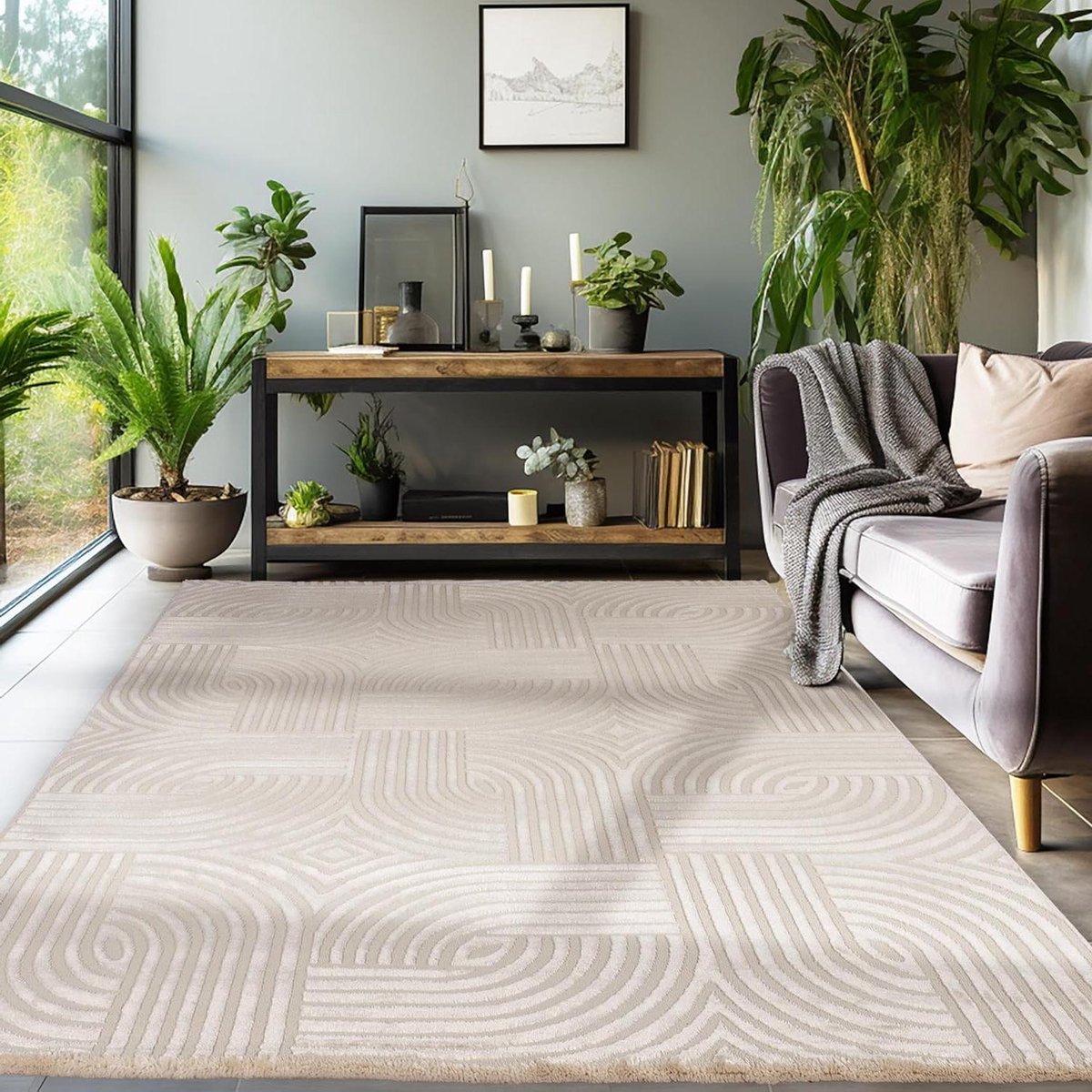 Vloerkleed Geometrisch - Tapijt Woonkamer - Interieur Decoratie - 3D-effect Structuur - 160 x 230 cm - Beige