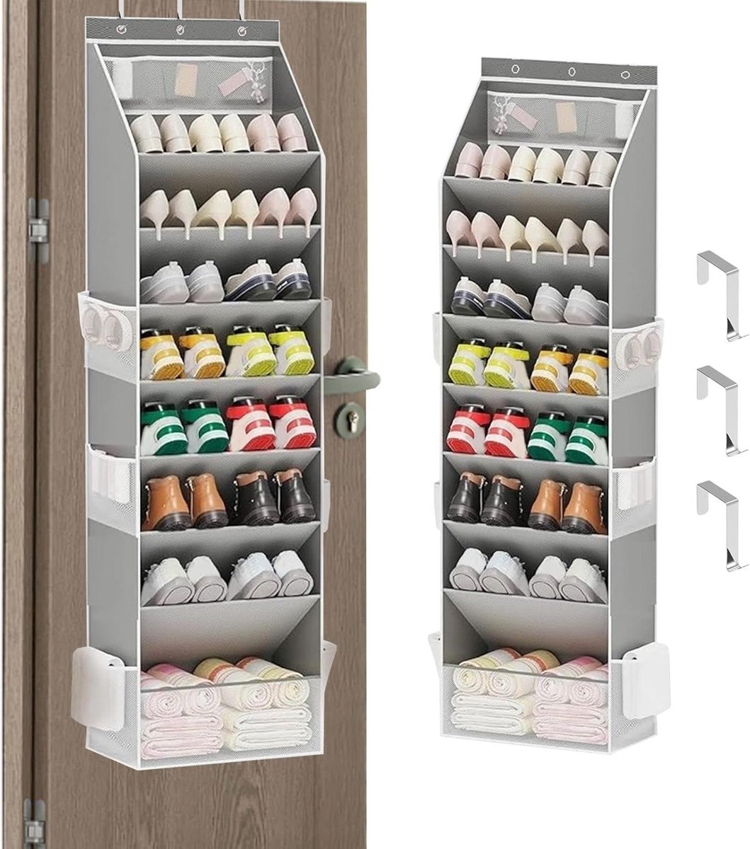 Schoenenorganizer Deur - Opberger Kast - Ruimte Besparen - 16-24 Paar Opslag - 8 Planken - Grijs