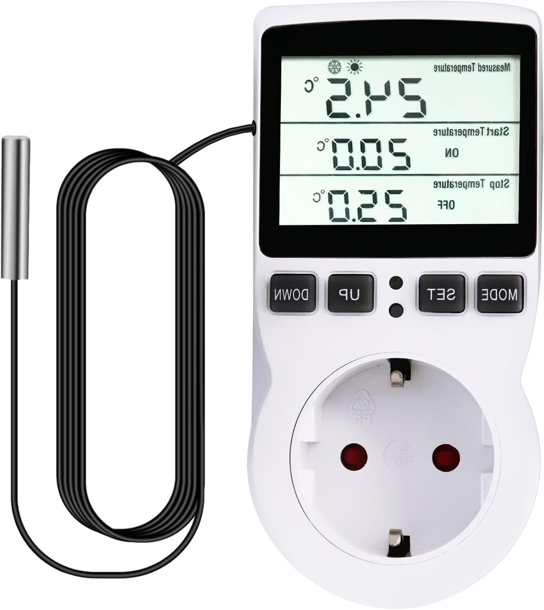 Digitale Thermostaat Stekker 250V met Temperatuur Sensor en LCD - Perfect voor Verwarming en Koeling van Kassen, Terrariums en Aquariums