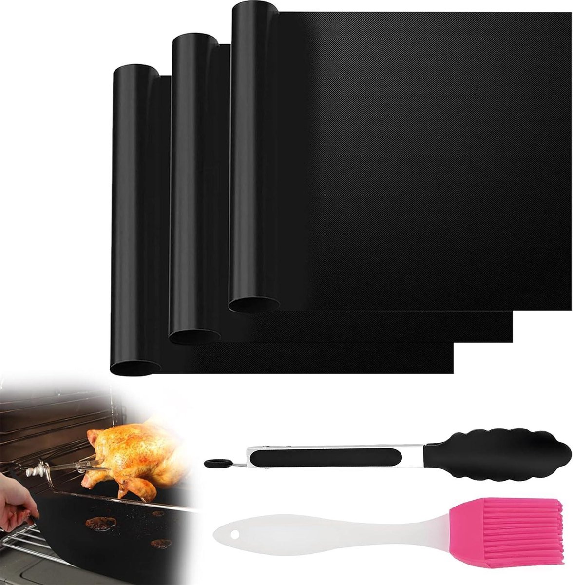Grillmat Set - Ovenmat Bakplaat - Barbecueën Koken - Hittebestendig Herbruikbaar - 400x330 mm - Zwart