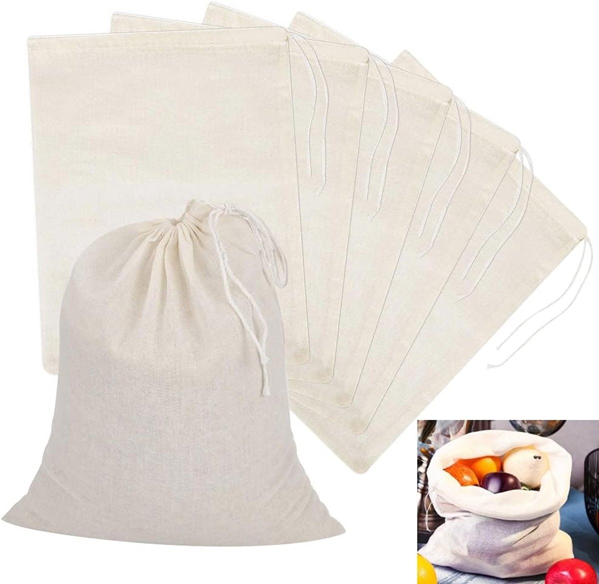 Herbruikbare Fijne Zeefzakken van Muslin Katoen - 6 Stuks van 50x40cm voor Fruit, Melk, Jam en Thuisbrouwen