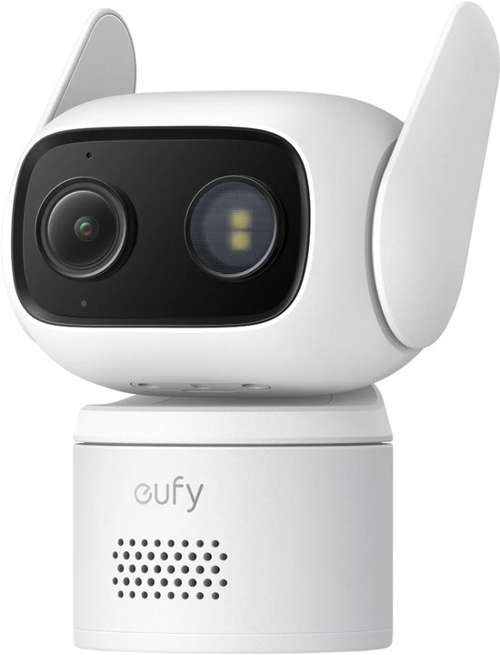 Witte eufy camera met twee oor-achtige antennes, een lens en een infraroodlamp. Het eufy logo staat op de voet.