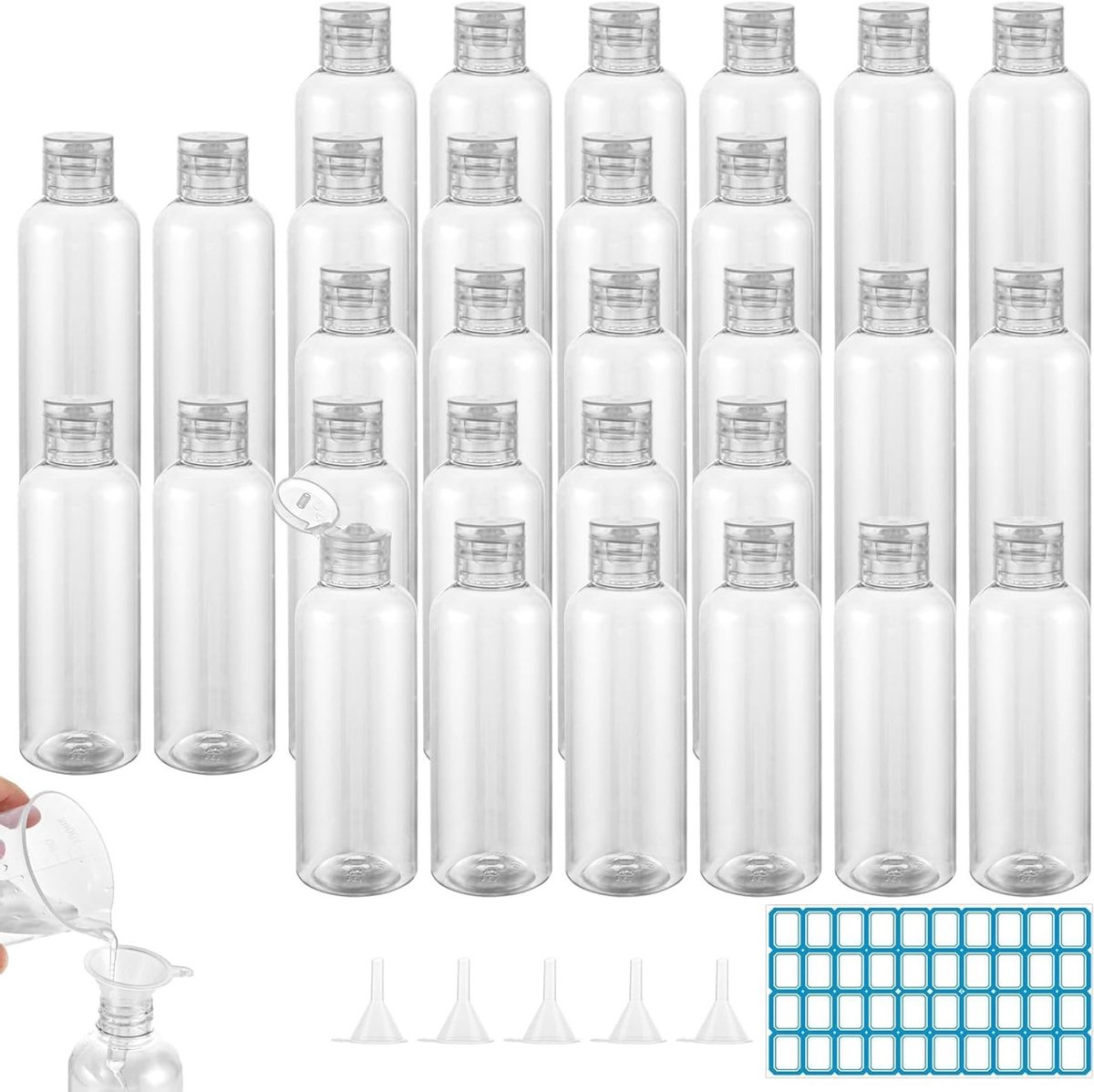 Set van 30 Transparante Reisbottles van 100ml voor Handbagage, Inclusief Trechter en Labels voor Shampoo, Douchegel en Lichaamslotion
