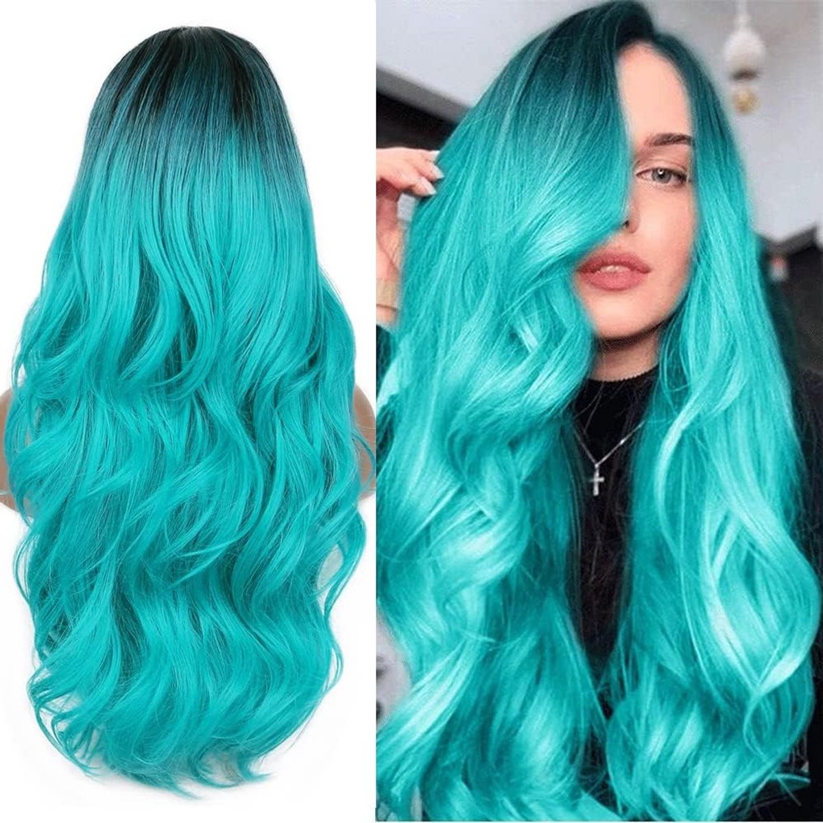 Lange Krullende Pruik - Synthetisch Haar - Feest Cosplay - Hittebestendig Vezel - 571 cm Kap - Blauwgroen