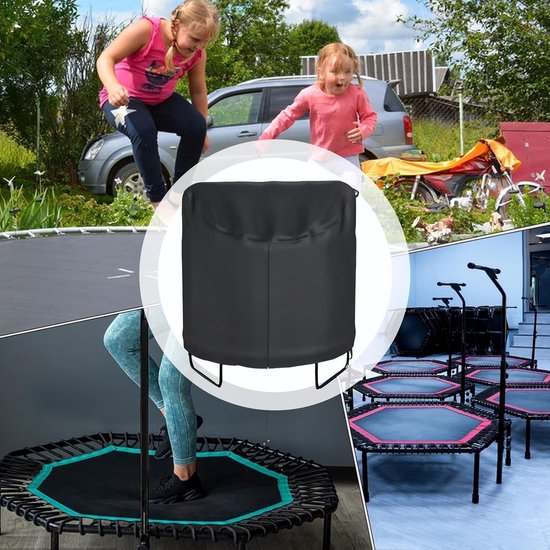 Collage: zwarte trampolinehoes, kinderen die springen op trampoline, trampoline met groene rand, binnen trampolinepark.
