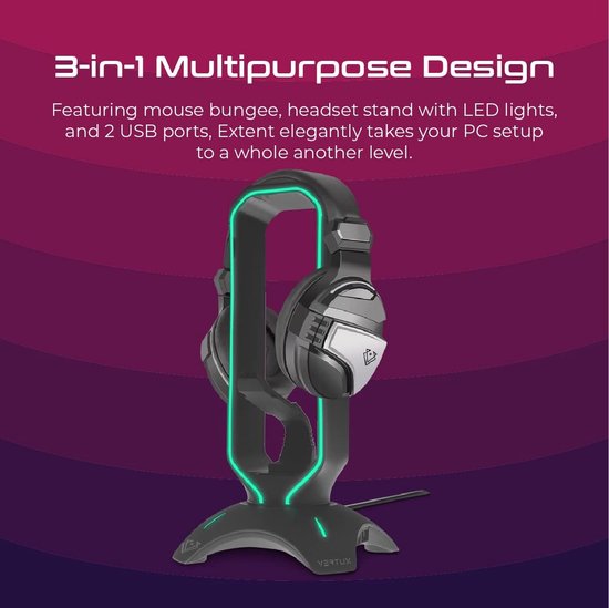 Gaming Headset Standaard - Headset Houder - Bureau Organisatie - 3-in-1 Multifunctioneel - Met RGB Verlichting - Zwart — afbeelding 3