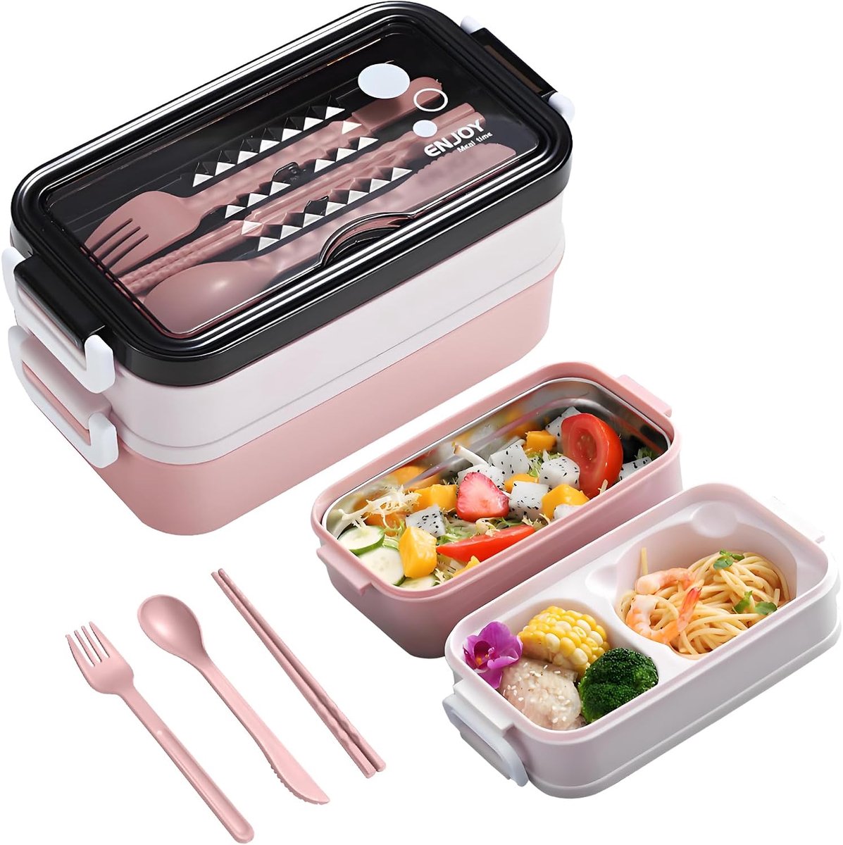 VHV - Premium Lunchbox 1400ml - Bento Box met 3 Vakken - Inclusief Bestek - Lekvrije Broodtrommel voor School, Werk en Reizen - Magnetron en Vaatwasserbestendig - Roze