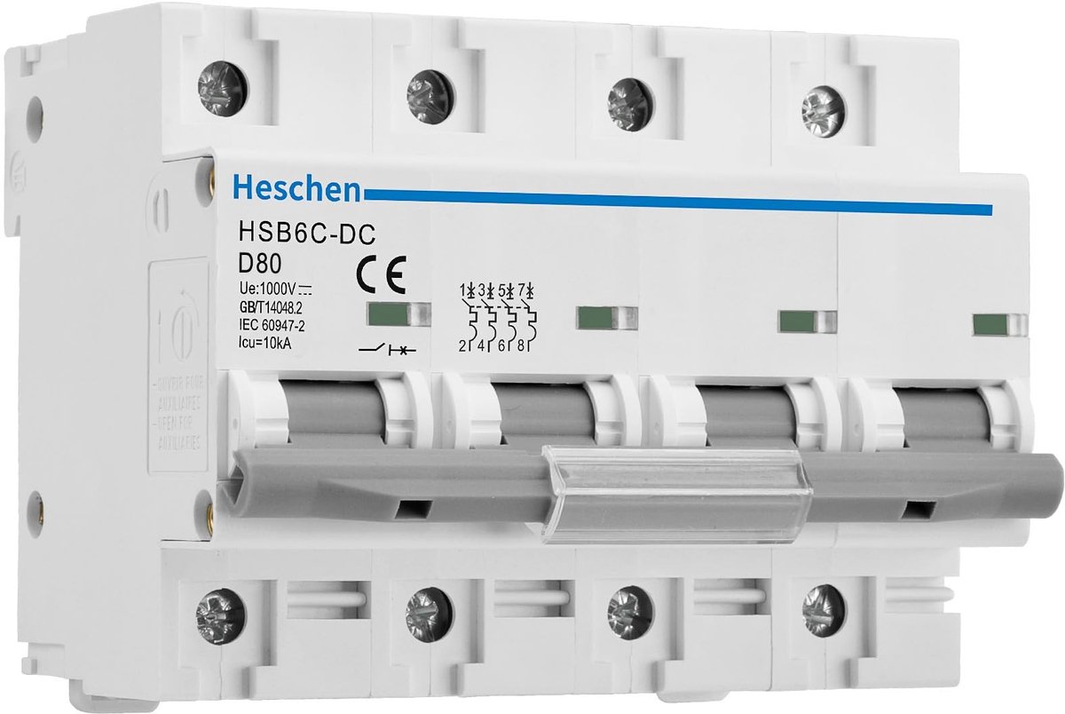 Dailygoody - Stroomonderbreker - Fotovoltaïsch - 4 Polen - Geschikt voor zonnepanelen - DC1000V 80A - 35mm DIN-rail montage