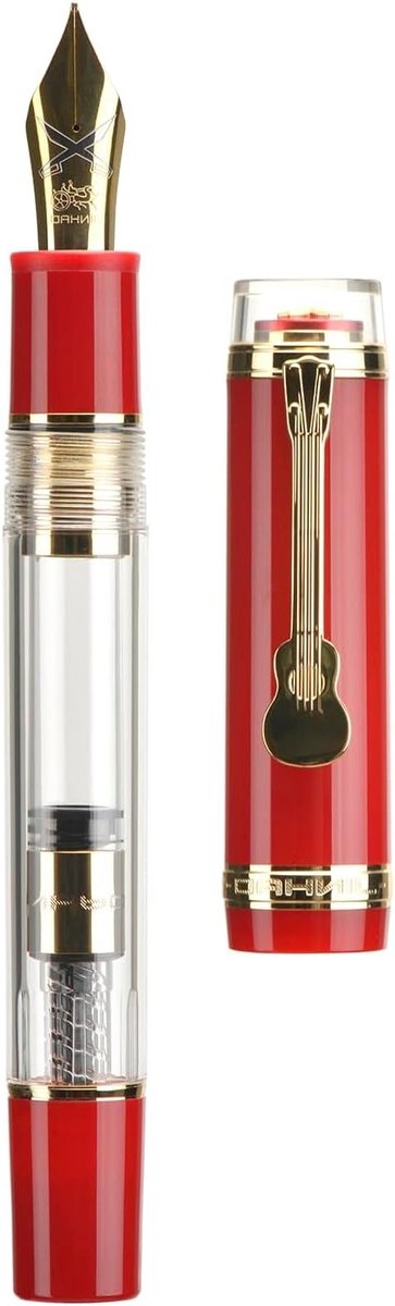Elegante vulpen met fijne nib, rood en transparant acryl, converter en gitaarclip, ideaal voor schrijfliefhebbers