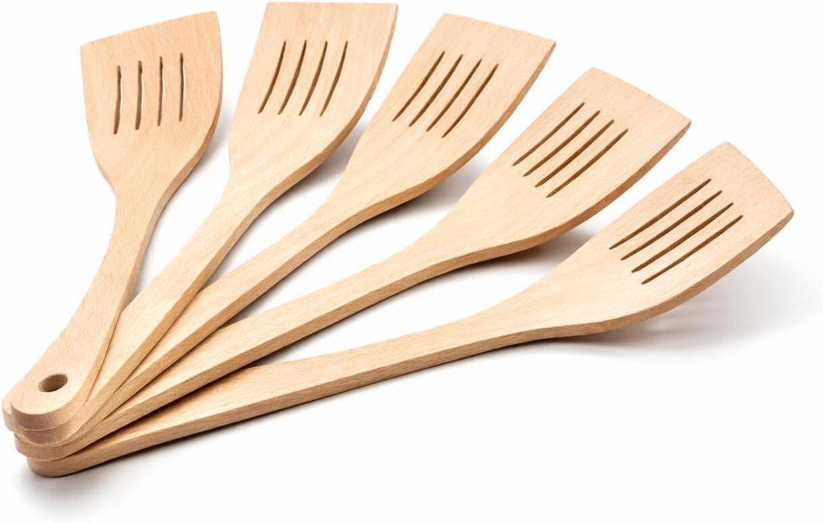 Houten spatels - Keukengerei set - Koken en serveren - Gesleufd ontwerp - 31 cm - Houtkleur