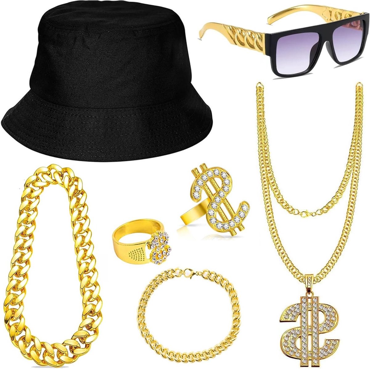 7-delige Hip Hop Kostuum voor Mannen met Dollar Ketting, Zonnebril en Vissershoed voor Carnaval en Themapartijen