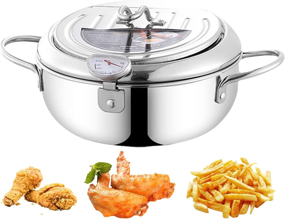 Frituurpan - Kleine pan - Lekker Frituren - Met Thermometer - 24 cm - Zilver