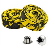Twee rollen geel en zwart camouflage stuurlint met stuurpluggen.