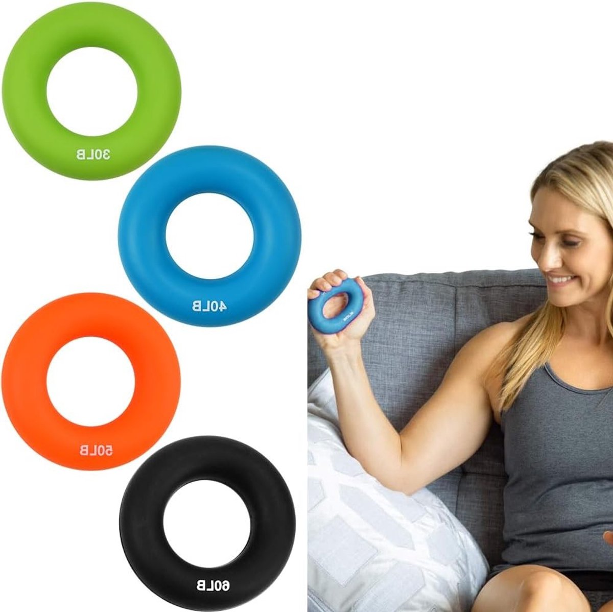 4 Stuks Circles voor Gymnastiek, Handtrainer, Voorarmtraining, Siliconen Gripversterker 30/40/50/60 lb, 4 Kleuren, Verbeter Gripkracht en Coördinatie