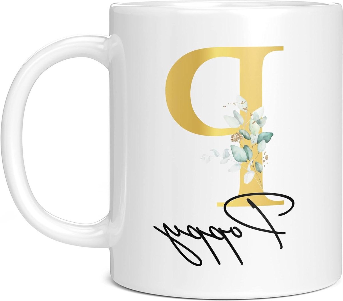 Gepersonaliseerde Mok - Koffiecup Cadeau - Ochtendkoffie Genieten - Gouden Letter Opdruk - 325 ml Inhoud - Wit