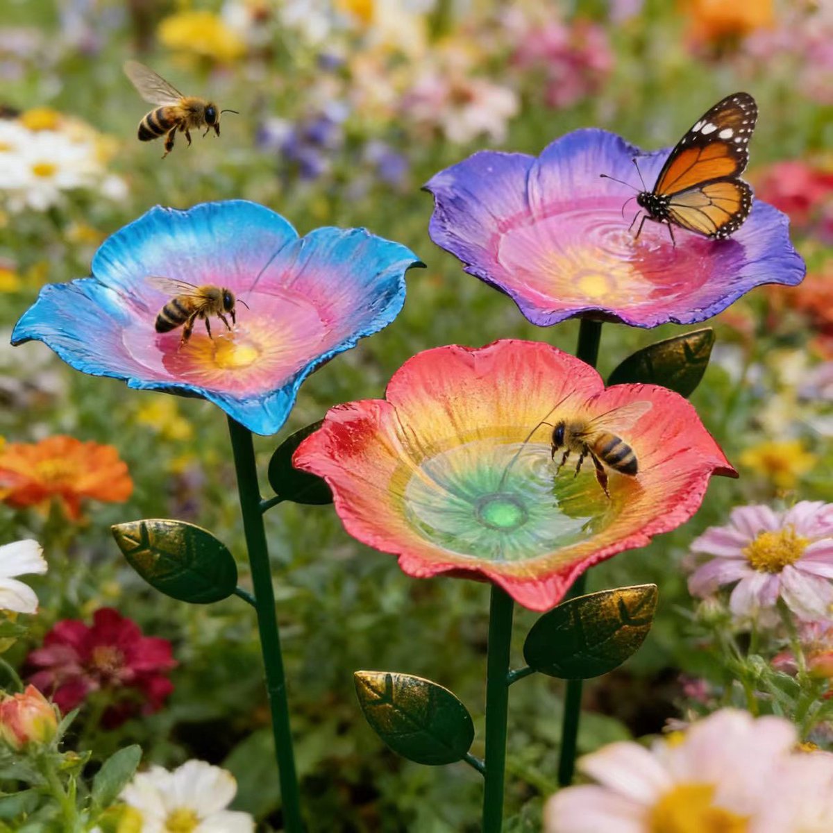 Metalen Vogelbad- Insecten Drinkplaats - Metalen Bloemen - Ondiepe Schaal Voor Water/Voer - Voor Tuin/Balkon/Border - Met U-Vork - Voor Bijen/Vlinders/Kleine Vogels - Blauw-Paars + Roze-Paars + Rood-Oranje - Hoogte 63cm (Schaal 12cm) - 3 Stuks