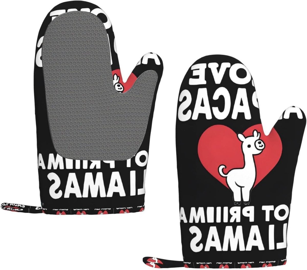 Antislip Ovenwanten - Hittebestendige Handschoenen - Koken en Bakken - Alpaca Opdruk - 28 x 18 cm - Zwart