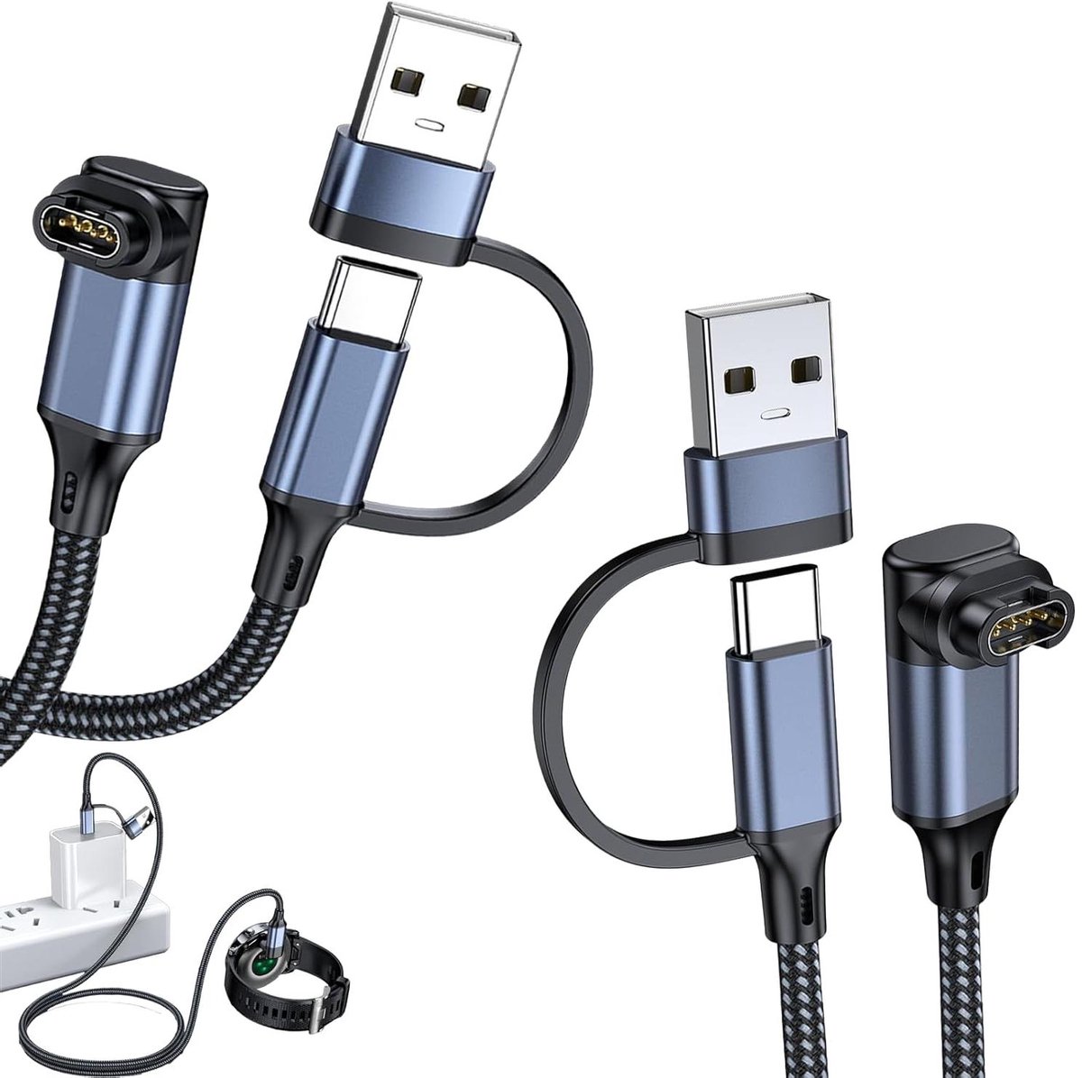 Oplaadkabel Smartwatch - 2-in-1 Kabel - Horloge Opladen - L-vormig Design - 12 Meter - Zwart