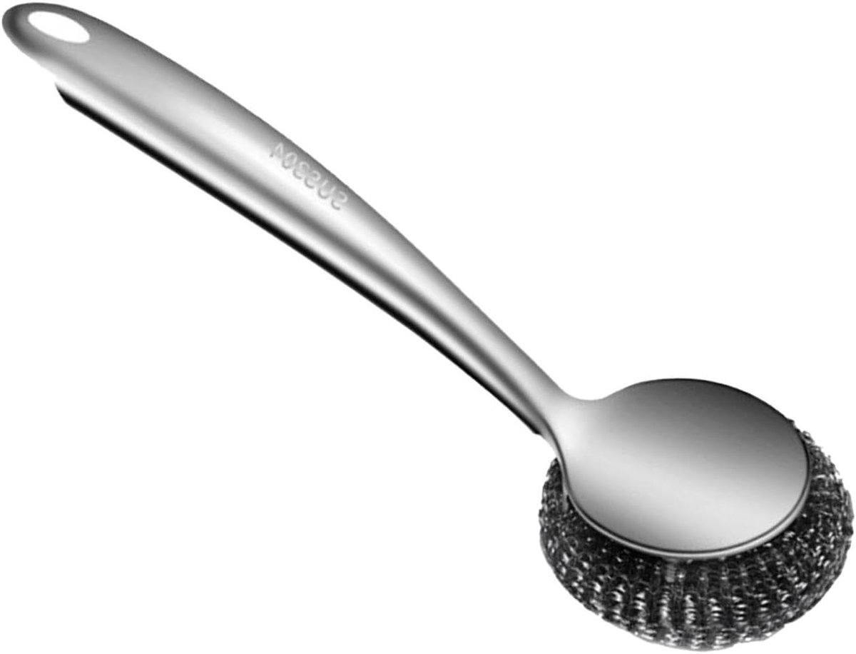 Roestvrijstalen reiniger - Metalen schuurspons - Keuken schoonmaken - Vervangbare kop - Lange steel - Zilver