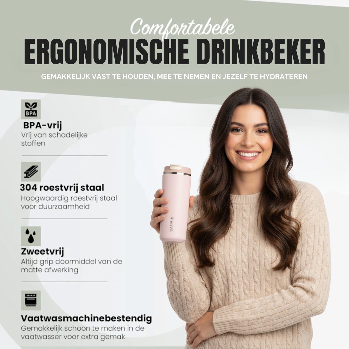 Motivai Daily Cup – Thermosbeker To Go – 470ML RVS Thermosmok – Lekvrij – Dubbelwandig Geïsoleerd – BPA-vrij & Duurzaam – Koffiebeker voor Onderweg – Rosé — cadeau in Koken & Dineren - foto 2