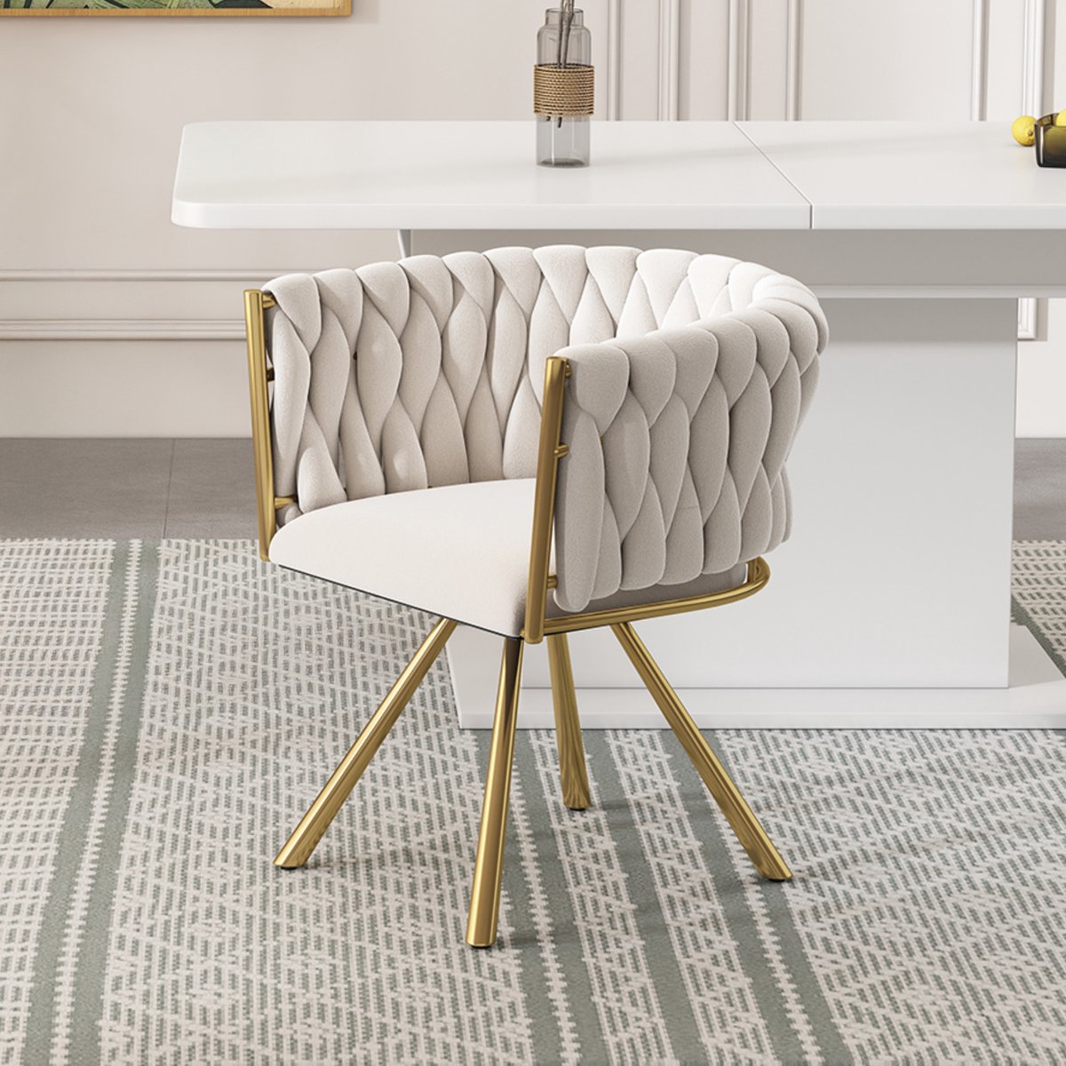 Clruro Eetkamerstoel - 1 Stuk - Luxe Draaistoel Met Vier Metalen Poten - Comfortabel Voor Woonkamer En Slaapkamer - Fluweel - Beige en Goud
