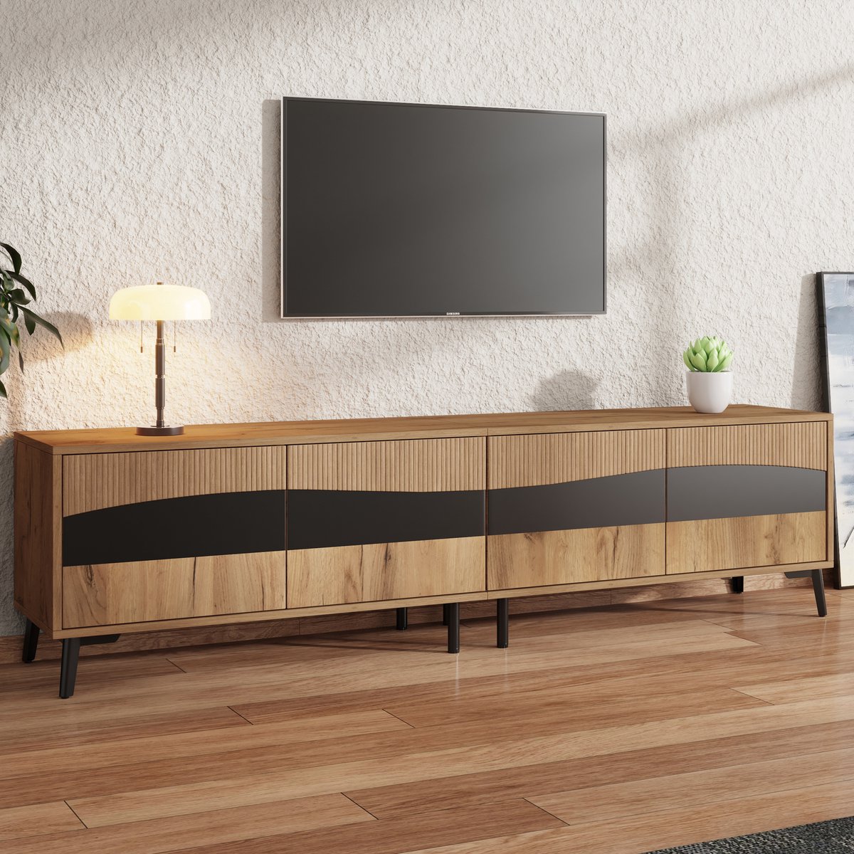 Clruro TV-Meubel - 180x40x50 cm - TV-Kast Met 4 Kasten Symmetrisch Design - 8 Steunpootjes - Hout - Hout/Zwart Naturel