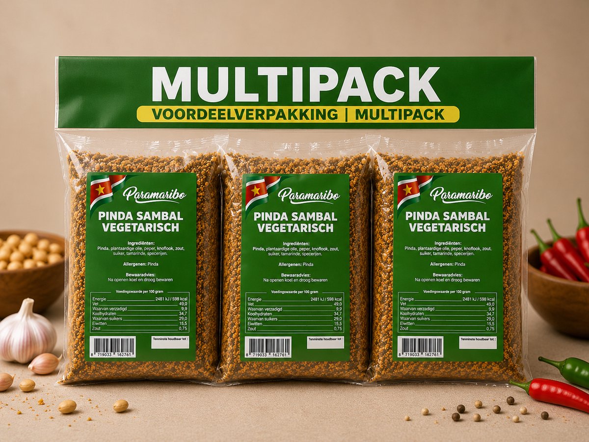 Paramaribo | Surinaamse Pindasambal (Authentieke Pindasaus en Satésaus) | Vegetarisch |4 x 500g | Multipack | Voordeelbundel | 4 stuks