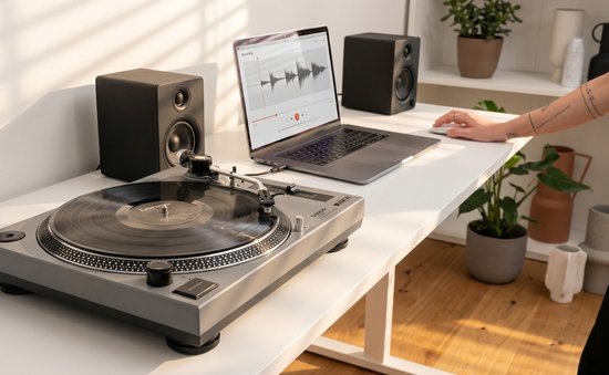 Grijs draaitafel op een wit bureau, met een draaiende plaat en een laptop waarop geluid bewerkt wordt.
