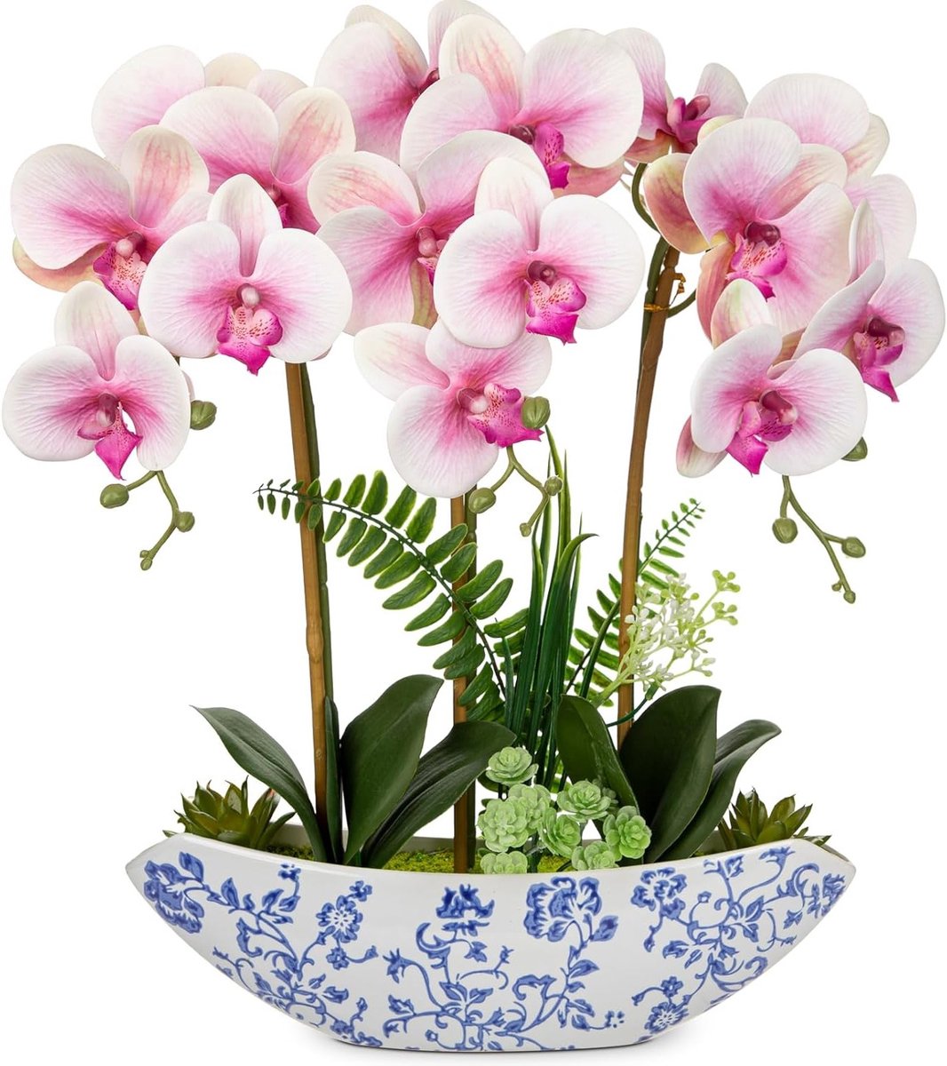 Kunstorchidee met Vaas - Neporchidee Kunstbloem - Woonkamer Decoratie - Natuurlijk Uiterlijk - 46 cm Hoog - Wit en Blauw